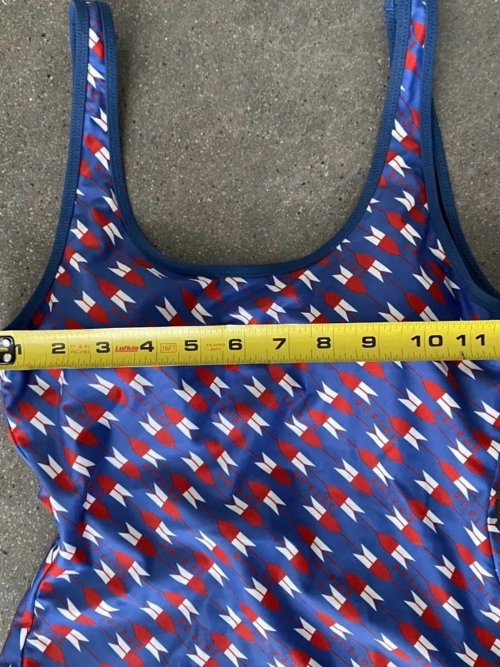 The Upside Blue Swimsuit with Red & White Geometric Print